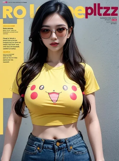 A girl, wearing headphones, no one else in the background, delicate features, big eyes, wearing sunglasses, tall nose bridge, sexy lips, cute earrings, sexy body, 9 heads, golden ratio, bangs, slightly curly wavy hair, light pink hair, tall chest, pink printed T-shirt, denim hot pants, canvas shoes, vintage style, 90s style, nostalgia style, comic book style, magazine covers <lora:Pikachu T Shirt_20230805184254:0.8>Pikachu T-Shirt
pikachu
yellow shirt
large breasts
midriff, a very pretty girl,light blue hair,The background is a busy street,Du Qiong,Anime 5 sleep,computer graphics,sots art,big and nice chest,super big chest,Tight chest,Tight clothes,Wearing a light blue tight T-shirt,Various light blue skirts,Square Walk,Ray Tracing,Bright,It's drizzling,Upper Body Close-up,
