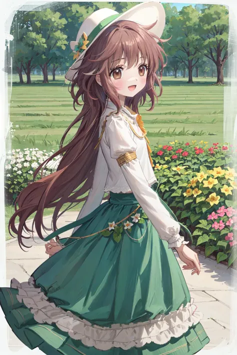 (masterpiece), best quality, ultra high res, sharp focus, a beautiful woman, brunette brown hair, long smooth flowing hair, looks at the viewer, facing to viewer, green eyes, smiles