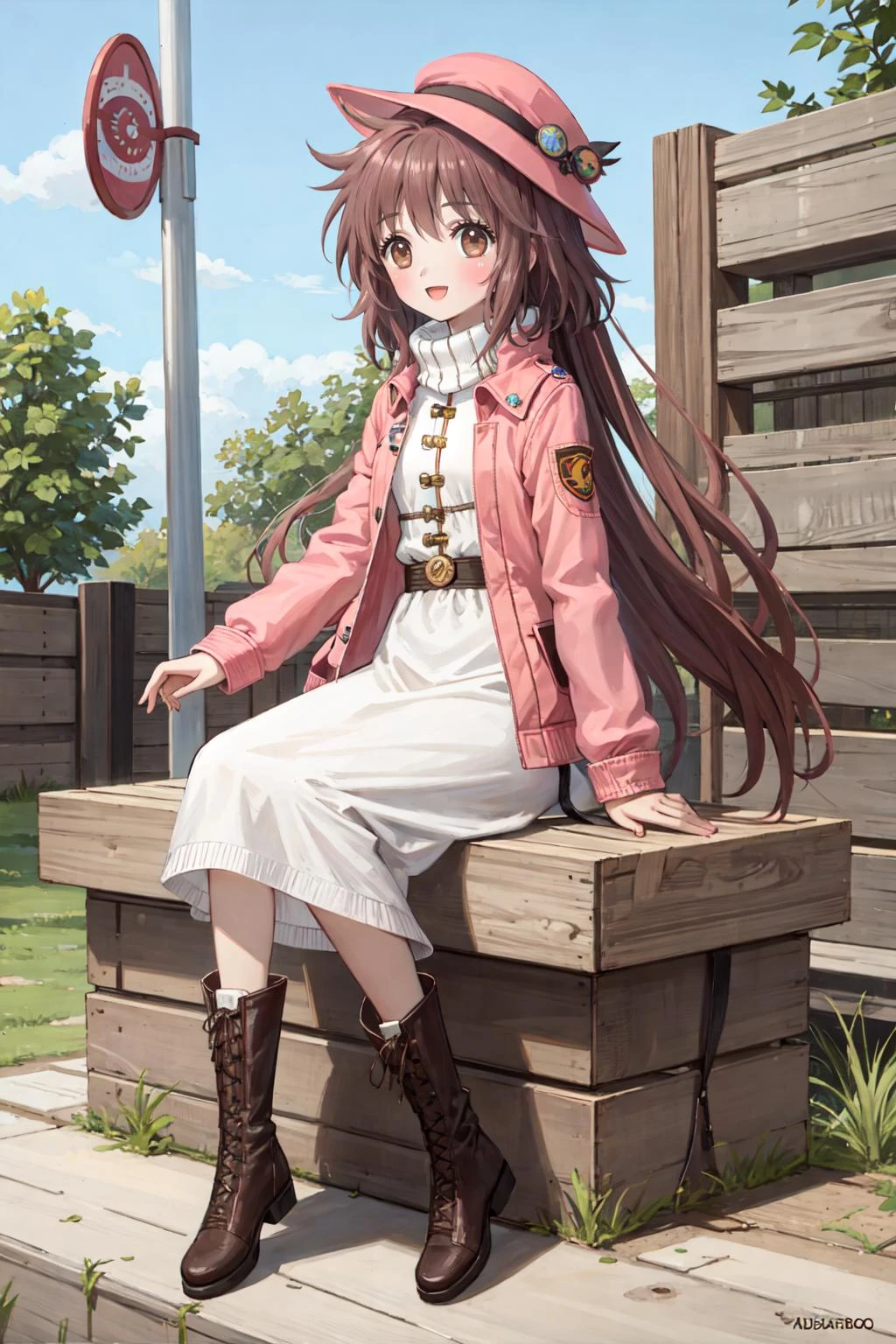 best quality, amazing intricate, cute girl, looking at viewer, tall, flat chest,
hanatokobato, absurdly_long_hair, dark brown eyes, :d, pink_headwear, pink_jacket, turtleneck, leather lace-up boots,
full body, outdoors <lora:Hanato_Kobato:0.8>