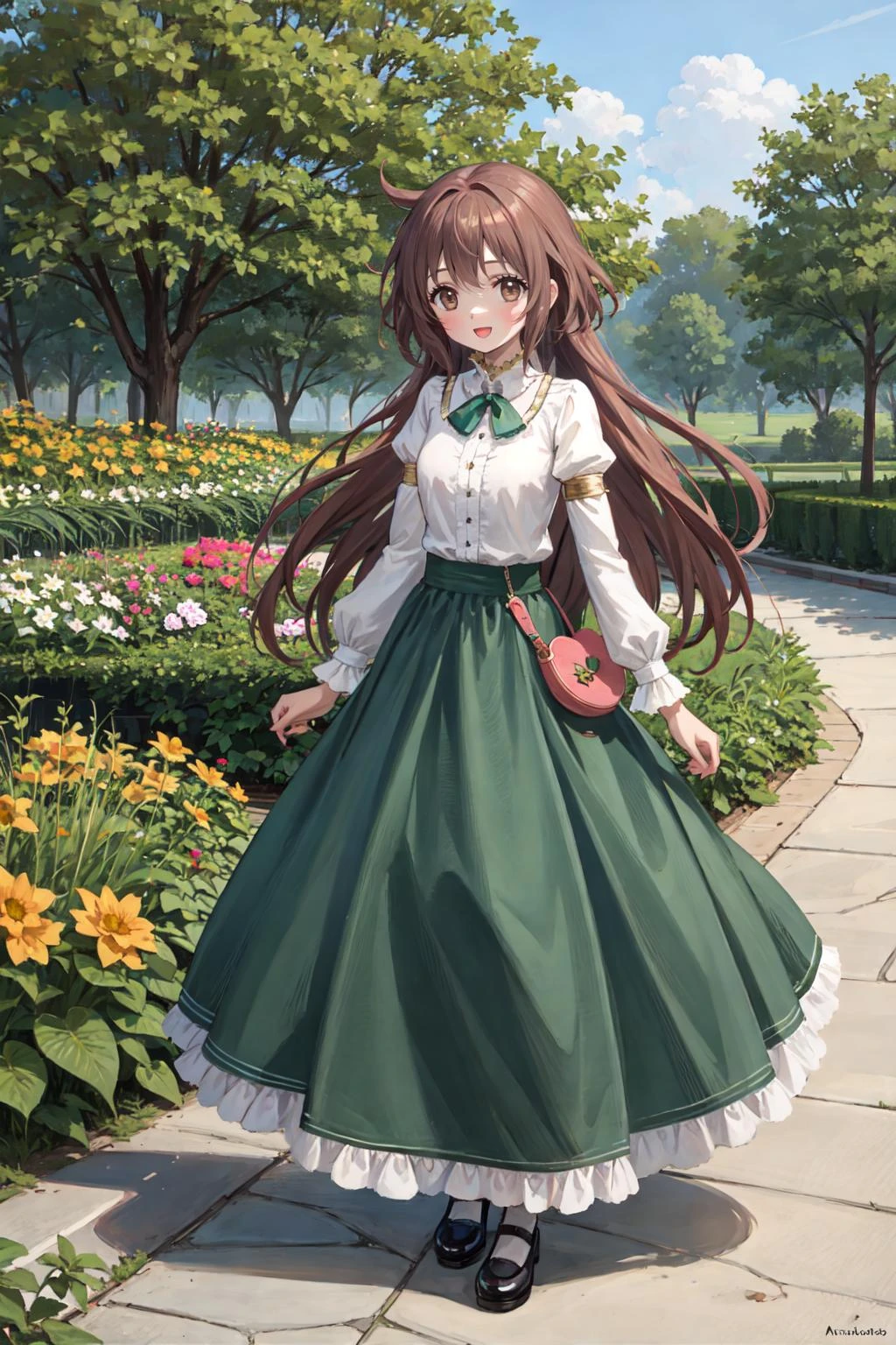 best quality, amazing intricate, cute girl, looking at viewer, tall,
hanatokobato, absurdly_long_hair, dark brown eyes, :d, shirt, (green long skirt:1.3), mary janes,
full body, garden, <lora:Hanato_Kobato:0.8>