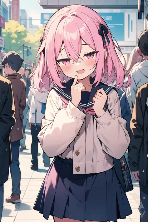 <lora:sensualface_type3_v3:1>
(cleavage:-1.5),insanely detailed, absurdres, ultra-highres, ultra-detailed, best quality,
1girl, solo, nice hands, perfect hands,
BREAK,
(wearing winter school uniform),
happy smile, laugh, open mouth,
cute pose, cowboy shot,
BREAK,
slender, kawaii, perfect symmetrical face, ultra cute girl, ultra cute face, ultra detailed eyes, ultra detailed hair, ultra cute, ultra beautiful,
BREAK,
in harajuku, shibuya, tokyo, street, crowd, cityscape,
medium large breasts
BREAK,
(pink medium hair, pink eyes), hair between eyes