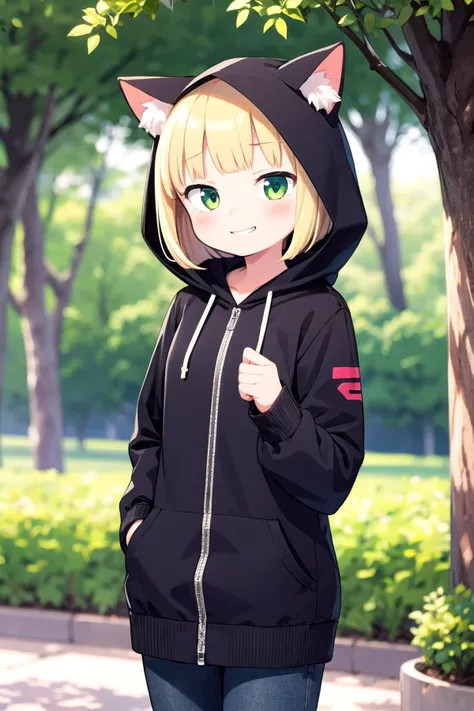 1girl,blonde bob cut,grin,nekomimi hood,gently smile,closed mouth,looking at viewer,out door,cowboy shot,<lora:sensualface_type3:1>,