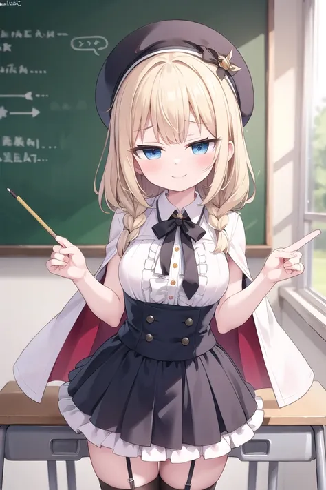 anime girl in school uniform holding a wand and pointing at a blackboard