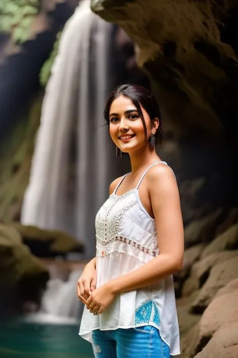 high quality, coles up photo of a woman, slim body, Closeup Shot, at water fall Caves , Ambiant light, Cinematick Shot, lens 85 mm , bokeh Background, priyama <lora:priyama:0.8>