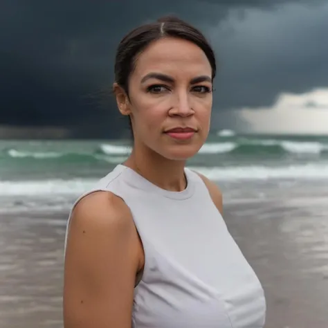 professional close up photograph of ohwx woman, at a beach, outdoors, storm clouds in the background <lora:aoc-sdxl-8:1>