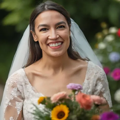 ohwx woman, standing in a colorful garden, wearing a beautfiul wedding dress, close up photo, smile, Nikon Z9 <lora:aoc-sdxl-8:1>