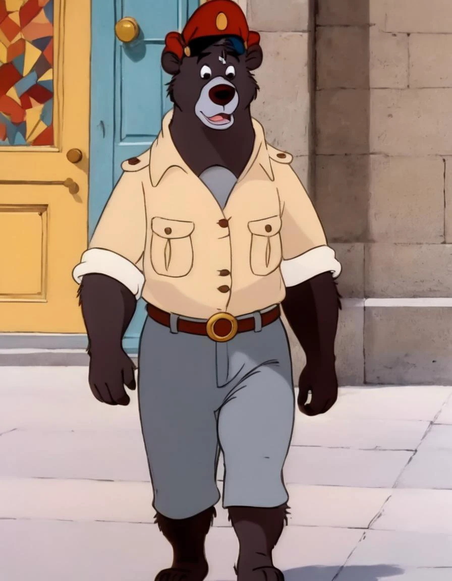 disney style cartoon, <lora:TaleSpin_-_Baloo_2:0.8> 1boy, bear baloo, cartoon, face, furry, hat, male focus, peaked cap, red headwear, solo, yellow shirt, (candy world of disney:1.4),( in art style Picasso:1.2), walking on the street, (comedic photograph of the year), screenshot from the 1983 film,