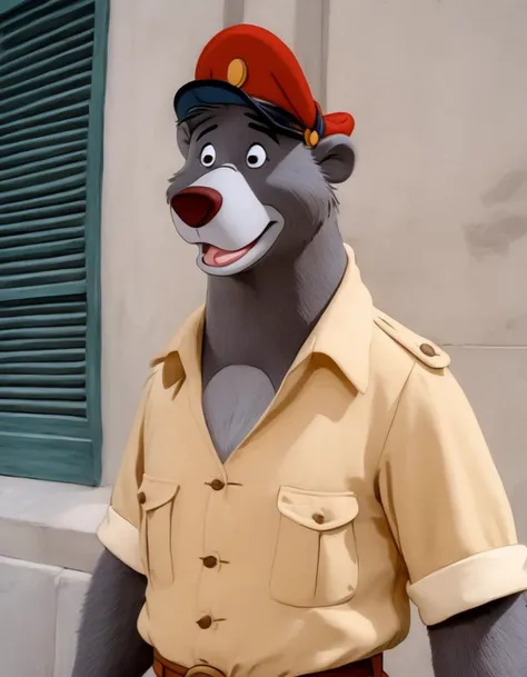 disney style cartoon,  <lora:TaleSpin_-_Baloo_2:0.8> 1boy, bear baloo, cartoon, face, furry, hat, male focus, peaked cap, red headwear, solo, yellow shirt, (candy world of disney:1.4),( in art style Picasso:1.2), walking on the street, (comedic photograph of the year), screenshot from the 1983 film,