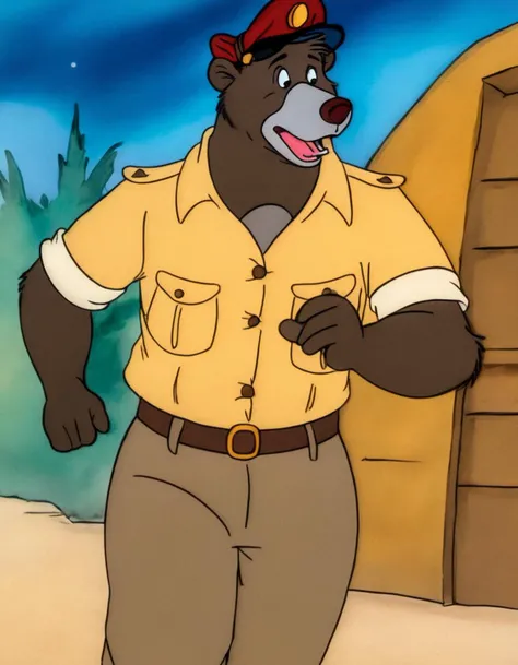 <lora:TaleSpin_-_Baloo_2:0.8> 1boy, bear baloo, cartoon, face, furry, hat, male focus, peaked cap, red headwear, solo, yellow shirt, full body, running away from santa claus,  highest quality, a painting , [sci-fi artwork], bold colors, by Dave Dorman, 35mm photograph, film, bokeh, professional, 4k, highly detailed, RAW
