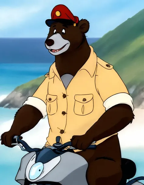 <lora:TaleSpin_-_Baloo_2:0.8> ((1boy, bear baloo, cartoon, face, furry, hat, male focus, peaked cap, red headwear, solo, yellow shirt)), sitting on a sea motorcycle, dynamic action,  highest quality, a painting , [sci-fi artwork], bold colors, by Dave Dorman, 35mm photograph, film, bokeh, professional, 4k, highly detailed, <lora:Aether_Cloud_v1:0.9>, cloud, cartoony, vector ctyle, Vector Art, Drone