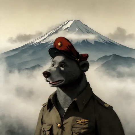 (Double exposure:1.3) of (commander pilot cartoon 1boy bear baloo:1.2) wearing red headwear and yellow shirt, (silhouette) superimposed against mount fuji, by Dan Mountford, by Dan Hillier, soft colors, negative space, (fog of war:1.3), anime style inspired by Nier Automata, ClassipeintXL,
<lora:ClassipeintXL1.9:0.4>
<lora:SDXL_double_exposure_Sa_May_V8:0.8>
<lora:TaleSpin_-_Baloo_2:1.0>
