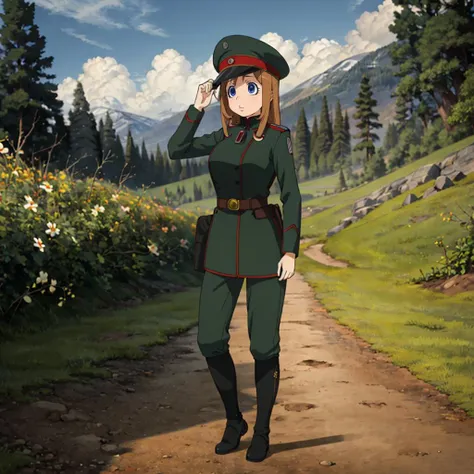 <lora:ViktoriyaIvanovnaSerebryakov001:0.7>,
ViktoriyaIvanovnaSerebryakov,1girl,
military hat,
military uniform,
belt,pants,
boots,
full body,standing,nature,