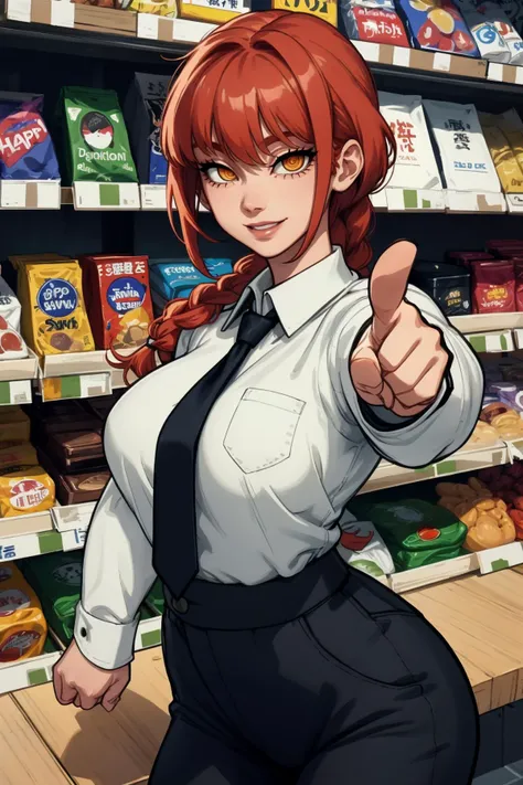 1girl, (solo:1.2), (masterpiece:1.2), (best quality:1.2), (perfect anatomy:1.4), (pointing at viewer:1.5),
<lora:Eigaka [MockAi - v1.0]:0.8> eigaka, (large breasts:1.4), (curvy:1.2), (skindentation:1.1)
(cowboy shot:1.5), (dynamic pose:1.5), (looking at viewer:1.5), (expressive face:1.5), (all around happy:1.5), (japanese convenience store:1.4), (inside:1.3), modern, (konbini), shelves, groceries,, <lora:Makima [nochekaiser881 - v1.0]:0.8> makima, long hair, smile, bangs, (yellow eyes:1.2), braid, red hair, braided ponytail, ringed eyes, shirt, long sleeves, white shirt, necktie, collared shirt, pants, black pants, formal, suit, black necktie, shirt tucked in, office lady