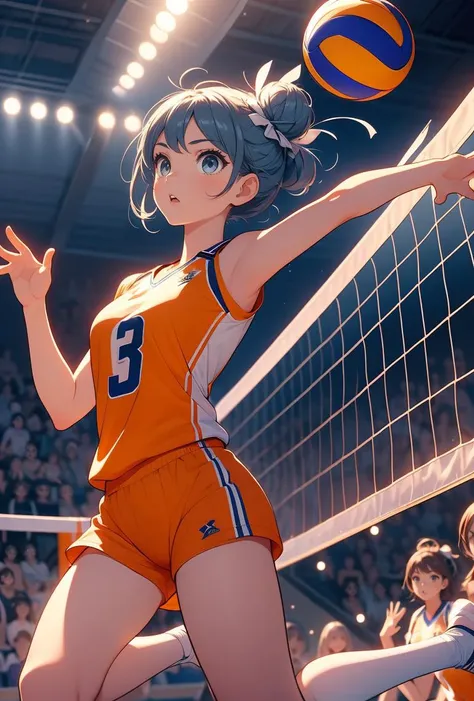 (masterpiece, best quality), 1girl,Sky blue Low Messy Bun with Headband Wrap, Size G breasts, <lora:girllikevolleyball:0.8> volleyball, multiple girls, jumping, chest out, raise head, raise shoes, legs up, sportswear, wind, night, crowd, stadium, cinematic light