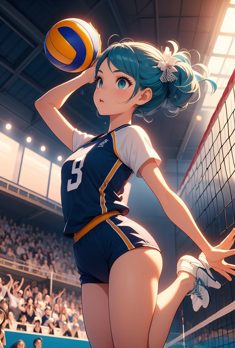 (masterpiece, best quality), 1girl,Cyan Slicked-Back Undercut with, tiny breasts, <lora:girllikevolleyball:0.8> volleyball, multiple girls, jumping, chest out, raise head, raise shoes, legs up, sportswear, wind, night, crowd, stadium, cinematic light