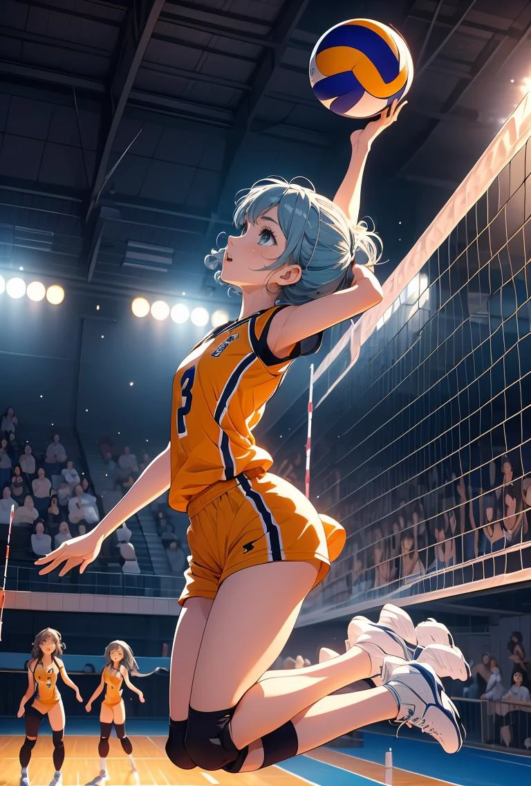 (masterpiece, best quality), 1girl,Ice blue Pinned Back Curls, flat chest, <lora:girllikevolleyball:0.8> volleyball, multiple girls, jumping, chest out, raise head, raise shoes, legs up, sportswear, wind, night, crowd, stadium, cinematic light