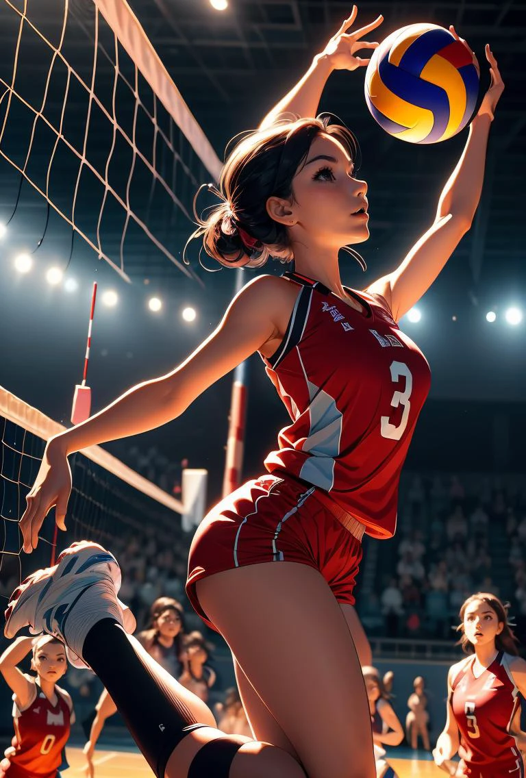 (masterpiece, best quality), 1girl,Carmine Slicked-Back Taper Cut with Side Part, Size E breasts, <lora:girllikevolleyball:0.8> volleyball, multiple girls, jumping, chest out, raise head, raise shoes, legs up, sportswear, wind, night, crowd, stadium, cinematic light