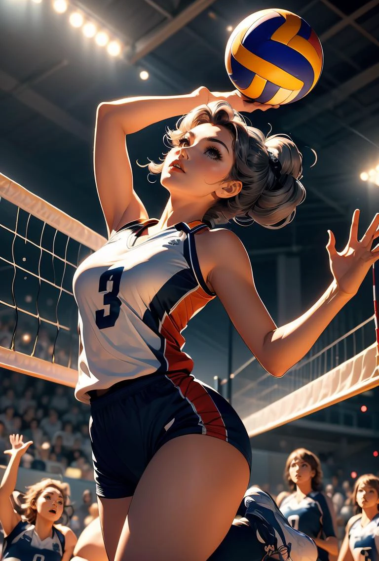 (masterpiece, best quality), 1girl,Medium gray Retro Victory Rolls, Size F breasts, <lora:girllikevolleyball:0.8> volleyball, multiple girls, jumping, chest out, raise head, raise shoes, legs up, sportswear, wind, night, crowd, stadium, cinematic light