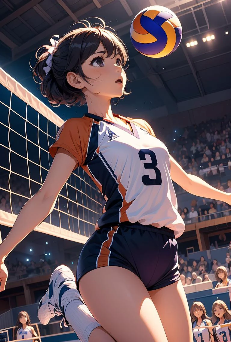 (masterpiece, best quality), 1girl,Deep Plum Textured Crew Cut, tiny breasts, <lora:girllikevolleyball:0.8> volleyball, multiple girls, jumping, chest out, raise head, raise shoes, legs up, sportswear, wind, night, crowd, stadium, cinematic light