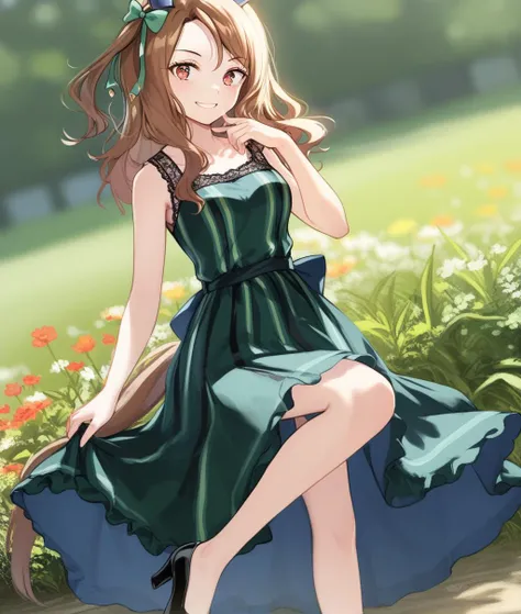 score_9, score_8_up, score_7_up BREAK
casual_clothes, 1girl, solo, long hair, blush, smile, bangs, brown hair, dress, bow, animal ears, hair bow, outdoors, black footwear, grin, blurry, black dress, dated, ^ ^, horse ears, horse girl, horse tail, green bow, green dress, sunset, photo \(object\), ear covers, dynamic pose, perspective, black footwear,
<lora:King Halo-ponyXL:1>,