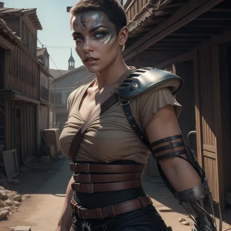 Best_QualityPos, RAW photo, intricate details, best quality, 8k uhd, soft lighting, 1girl, solo, furiosaimp, single pauldron, single mechanical arm, shirt, belt, pants, facepaint, very short hair, mature female <lora:furiosaimp:0.8>