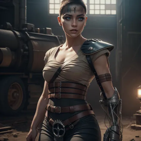 Best_QualityPos, RAW photo, intricate details, best quality, 8k uhd, soft lighting, 1girl, solo, furiosaimp, single pauldron, single mechanical arm, shirt, belt, pants, facepaint, very short hair, mature female <lora:furiosaimp:0.8>