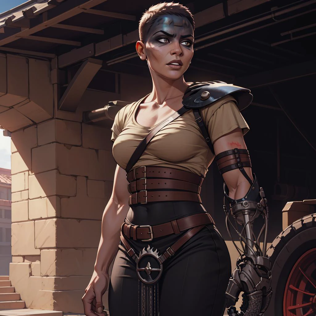 Best_QualityPos, RAW photo, intricate details, best quality, 8k uhd, soft lighting, 1girl, solo, furiosaimp, single pauldron, single mechanical arm, shirt, belt, pants, facepaint, very short hair, mature female <lora:furiosaimp:0.8>