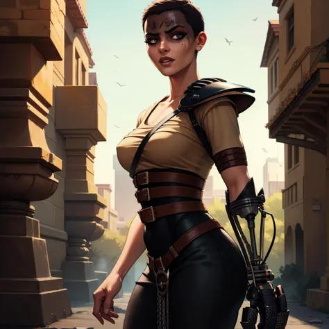 Best_QualityPos, RAW photo, intricate details, best quality, 8k uhd, soft lighting, 1girl, solo, furiosaimp, single pauldron, single mechanical arm, shirt, belt, pants, facepaint, very short hair, mature female <lora:furiosaimp:0.8>