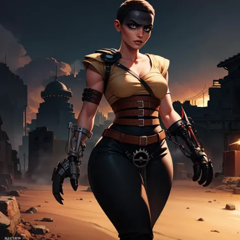 Best_QualityPos, RAW photo, intricate details, best quality, 8k uhd, soft lighting, 1girl, solo, furiosaimp, single pauldron, single mechanical arm, shirt, belt, pants, facepaint, very short hair, mature female <lora:furiosaimp:0.8>