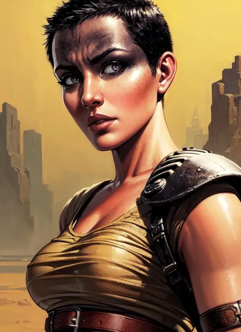 by jim lee, face portrait of an rugged woman, 1girl, solo, single pauldron, single mechanical arm, shirt, belt, looking at viewer, facepaint, mature female, very short hair, desert <lora:furiosaimp_V2-10:0.7> <lora:Jimleedccomicsmarvel_Offset_(Style):0.6>