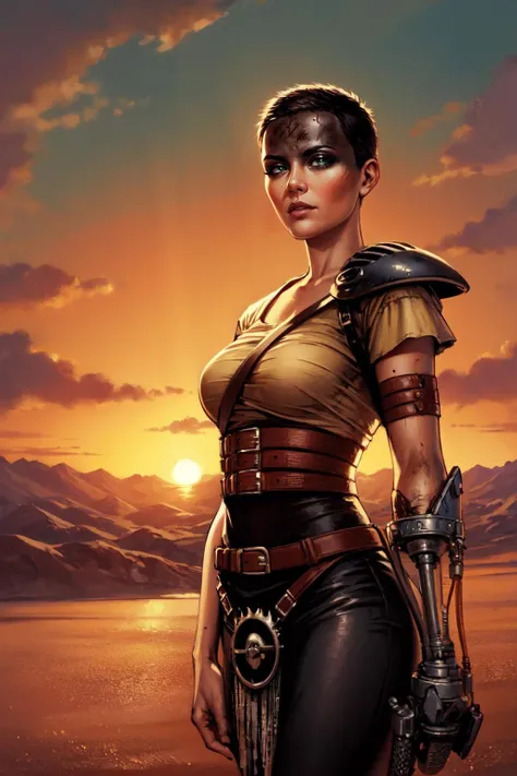 art by jim lee, furiosaimp, 1girl, solo, single pauldron, single mechanical arm, shirt, belt, pants, very short hair, face paint, desert, canyon, sky, sunset, mature female, dirty, dirty clothes, <lora:furiosaimp_V2-10:0.8> <lora:Jimleedccomicsmarvel_Offset_(Style):0.4>