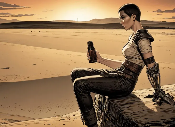 art by Geof Darrow, concept art, 1girl, solo, single pauldron, single mechanical arm, shirt, belt, pants, boots, facepaint, mature female, very short hair, sitting, rock, desert, sunset, from side <lora:furiosaimp_V2-10:0.7> <lora:TK_ClassicComicEdition_V1.00-SD15_(Style):1>