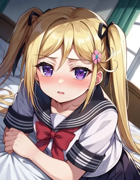score_9, score_8_up, score_7_up, source_anime,
mafuyuorifushi, <lora:mafuyu-orifushi-ponyxl-lora-nochekaiser:1>
mafuyu orifushi, long hair, blonde hair, hair ornament, ribbon, twintails, purple eyes, hair ribbon,
school uniform, serafuku, bow, red bow, black sailor collar, black skirt, skirt,
indoors, bed, bed room, on side, blush, drunk,
looking at viewer, dutch angle, cowboy shot,