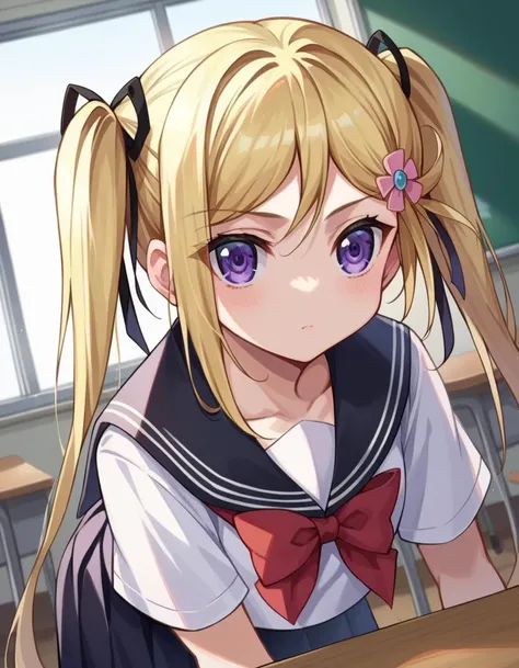 score_9, score_8_up, score_7_up, source_anime,
mafuyuorifushi, <lora:mafuyu-orifushi-ponyxl-lora-nochekaiser:1>
mafuyu orifushi, long hair, blonde hair, hair ornament, ribbon, twintails, purple eyes, hair ribbon,
school uniform, serafuku, bow, red bow, black sailor collar, black skirt, skirt,
indoors, classroom, bent over,
looking at viewer, dutch angle, cowboy shot,