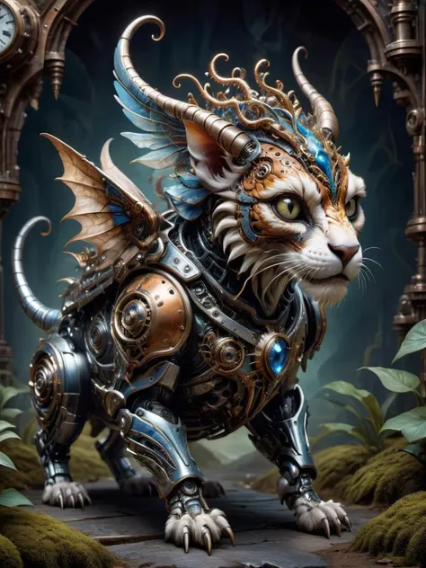 award winning photograph of a cute chimera with terrifying presence in wonderland, magical, whimsical, fantasy art concept, steampunk, intricate details, best quality, masterpiece, ultra sharp, hyper realistic, realism <lora:Artists_Edge:0.8> Mercury Armor,