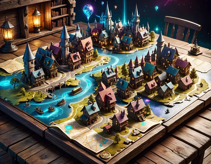 magical map of a miniature fantasy town, 3D, holographic, worn at the edges, the town appears to be floating above the map, magical lay lines connecting locations, the map is lying spread on a sorcerer's ancient wooden table, the maps is made with colorful multi-hued magic ink, high quality, incredibly high detail, imagination, 8k, fantasy art, vivid colors, style-paintmagic, Clutter-Home, Clutter-Mechanical, crystal clear,, very detailed, atmospheric haze, Film grain, cinematic film still, shallow depth of field, highly detailed, high budget, cinemascope, moody, epic, gorgeous, 2000s vintage RAW photo, photorealistic, candid camera, color graded cinematic, eye catchlights, atmospheric lighting, skin pores, imperfections, natural, shallow dof intricate, elegant, fantasy art, portrait, dark, retro, ecstatic, plain, powerful, realistic,, (masterpiece:1.3),(best quality:1.3),8k, highestres, absurdres, perfect composition, realistic proportions, ultra sharp, perfect shadows, highly detailed, epic, photorealistic, atmospheric lighting, natural, shallow dof intricate, high realism