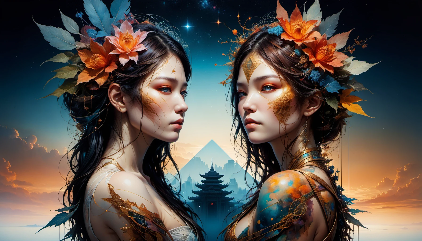 mysterious silhouettes of two hugging concubines, by Minjae Lee, Carne Griffiths, Emily Kell, Steve McCurry, Geoffroy Thoorens, Aaron Horkey, Jordan Grimmer, Greg Rutkowski, amazing depth, double exposure, surreal, geometric patterns, intricately detailed, bokeh, perfect balanced, deep fine borders, artistic photorealism , smooth, great masterwork by head of prompt engineering <lora:add-detail-xl:2>