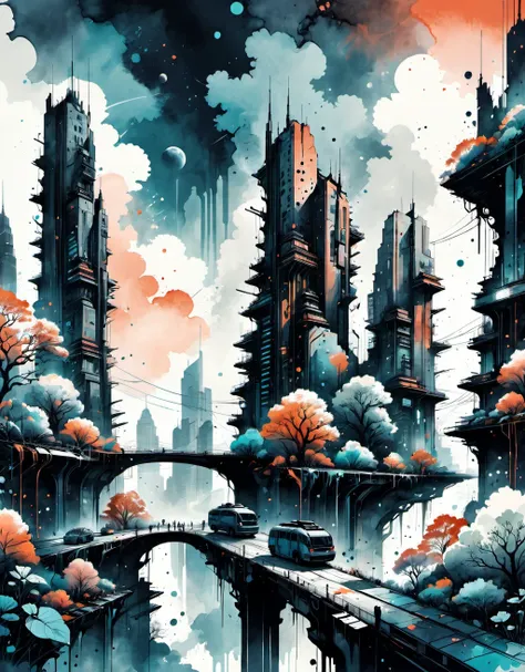 futuristic cityscape with elements of nature merging seamlessly into the architecture, Ink illustration, ink runs, ink spots, faded ink, ink stains, ink splatters, wide angle, limited color palette