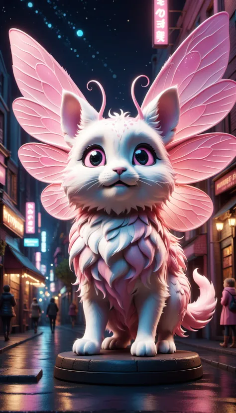 faerie fantasy city night tour 2 screenshot, in the style of hyper-realistic animal illustrations, rendered in cinema4d, playful character design, white and pink, , selective focus, eye-catching