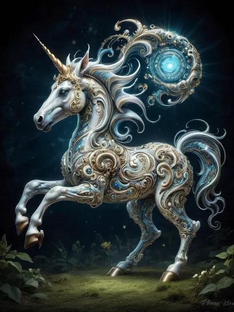 award winning photograph of a cute unicorn with radiant grace in wonderland, magical, whimsical, fantasy art concept, steampunk, intricate details, best quality, masterpiece, ultra sharp, hyper realistic, realism, <lora:Libellus_Novus_XL:1>libellus novus, glowing translucent ornamental style, swirling organic patterns