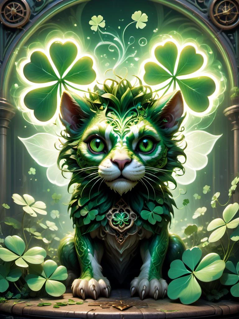 award winning photograph of a cute chimera with terrifying presence made of four-leaf clovers in wonderland, magical, whimsical, fantasy art concept, steampunk, intricate details, best quality, masterpiece, ultra sharp, hyper realistic, realism, , glowing, neon <lora:Shamrocked:0.8>
