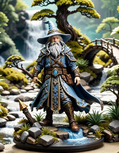 A macro shot of a DnD miniature figure, meticulously crafted and rich in detail, positioned within a miniature set that resembles a fantastical landscape or a waystation. The focus is on the figure, perhaps a wizard or a warrior, adorned in battleworn attire with intricate patterns and damage. The background features elements like tiny trees, a small bridge, and a flowing river, all in miniature scale, contributing to the depth and fantasy of the scene. The style of the image is akin to digital art by Elara Brown, characterized by vibrant hues, sharp details, and a magical atmosphere, emphasizing the textures and craftsmanship of the miniature figure and its surroundings. This image aims to capture the wonder and intricacy of the DnD universe, making it a visually striking and memorable piece. Highly Detailed