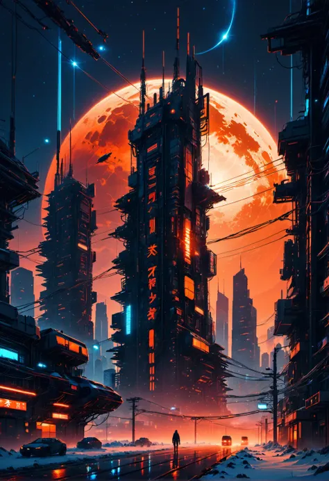 Cyberpunk cityscape,futuristic metropolis,massive red sun,twilight,silhouette,skyscrapers,neon lights,intricate cabling,power lines,high-tech urban architecture,atmospheric,moody lighting,blue and orange color palette,falling snow,clear sky with stars,stylized texture,digital art,concept illustration,vertical orientation,distant flying vehicles,detailed foreground structures,towering buildings,reflective surfaces,glowing windows,dystopian vibe.,