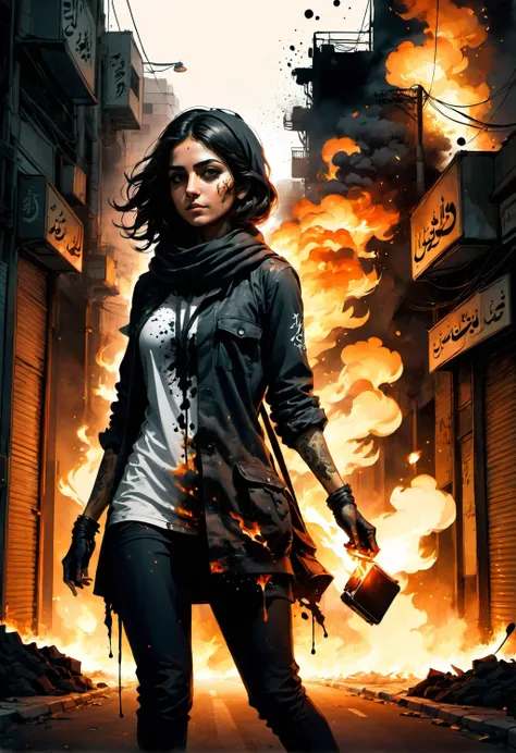 Extreme back lights, glow, deep shadows, Ink illustration, rich color palette, an Iranian girl on the streets of Tehran, violent protests, tension, unrest, fires, ink runs, ink spots, faded ink, ink stains, ink splatters, low angle, linquivera