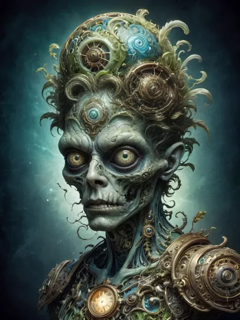 award winning photograph of a cute zombie with enchanting eyes in wonderland, magical, whimsical, fantasy art concept, steampunk, intricate details, best quality, masterpiece, ultra sharp, hyper realistic, realism, <lora:Libellus_Novus_XL:1>libellus novus, glowing translucent ornamental style, swirling organic patterns