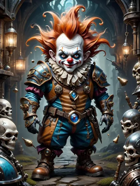 award winning photograph of a cute dwarf with rugged charm in wonderland, magical, whimsical, fantasy art concept, steampunk, intricate details, best quality, masterpiece, ultra sharp, hyper realistic, realism <lora:Artists_Edge:0.8> Mercury Armor, Clown Party