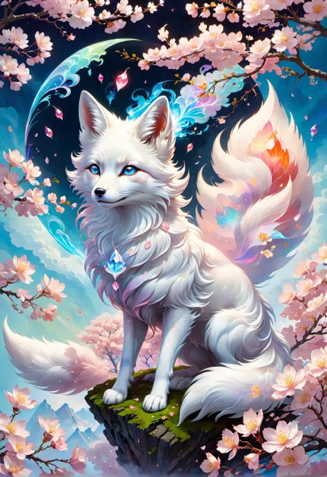 james jean, floating white fox figure made of sakura cherry blossom leaf, smoke, in the sky, colorful and vibrant, mystical colors, contemporary impressionism, yanjun cheng portrait painting, iridescent painting, 3/4 perspective view, cute face, low angle, sweeping circling composition, large beautiful crystal eyes, big irises, UHD, HDR, 8K, (Masterpiece:1. 5), (the most beautiful portrait in the world:1.5)