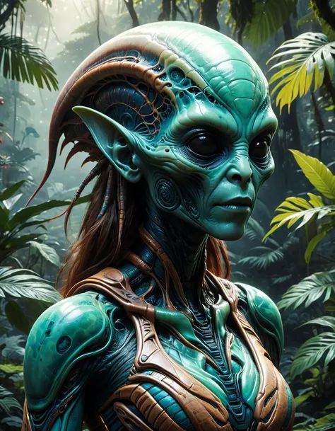 A female alien in the jungle wilderness of a far away planet (8k detailed masterpiece, best possible quality of image reproduction, best possible color depth, highly detailed playback quality, excellent native resolution)