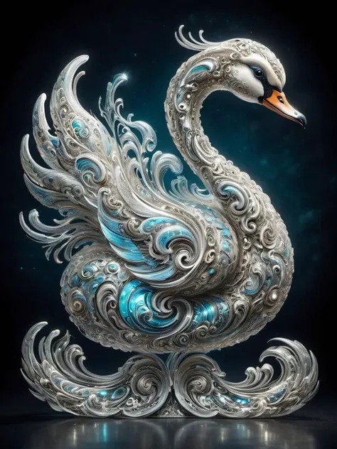 award winning photograph of a cute swan with graceful elegance in wonderland, magical, whimsical, fantasy art concept, steampunk, intricate details, best quality, masterpiece, ultra sharp, hyper realistic, realism, <lora:Libellus_Novus_XL:1>libellus novus, glowing translucent ornamental style, swirling organic patterns