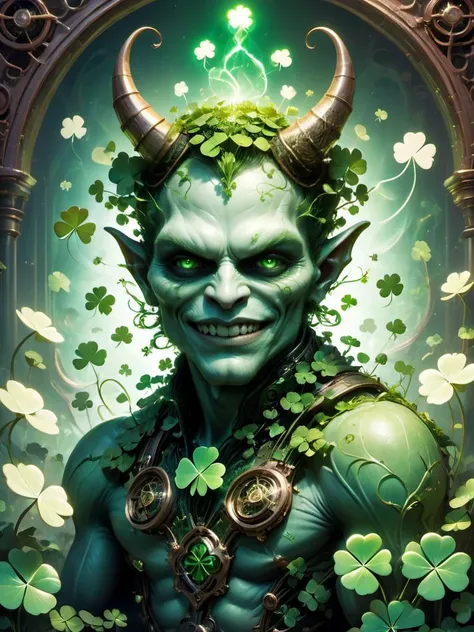 award winning photograph of a cute demon with seductive grin made of four-leaf clovers in wonderland, magical, whimsical, fantasy art concept, steampunk, intricate details, best quality, masterpiece, ultra sharp, hyper realistic, realism, , glowing, neon <lora:Shamrocked:0.8>